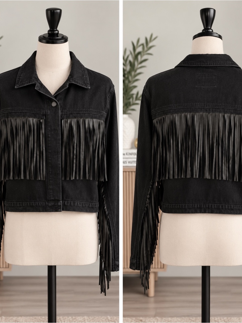 Black Denim Fringe Cropped Jacket Size M